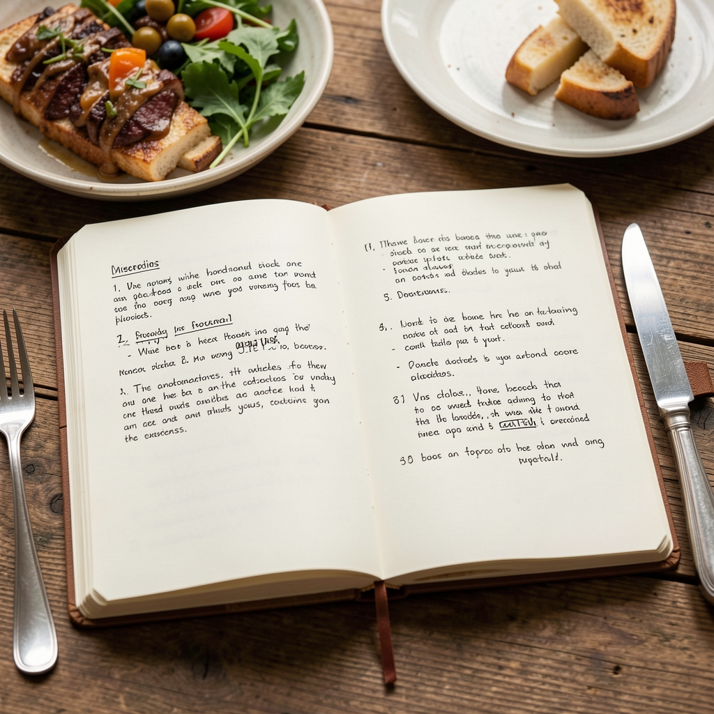 Notebook open on a wooden table next to a half-finished meal, handwritten observations visible, editorial still life