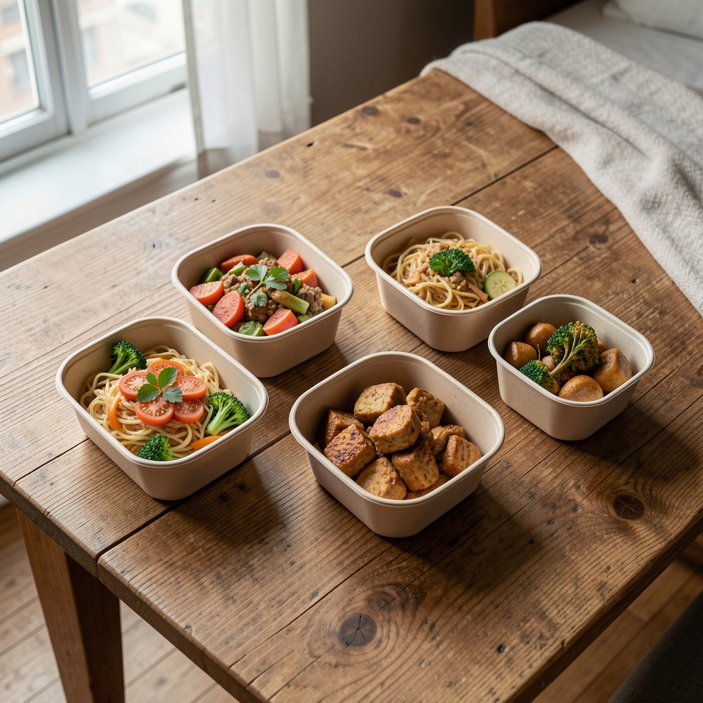 Takeaway food containers arranged on a wooden table in a city flat, overhead view with soft natural light