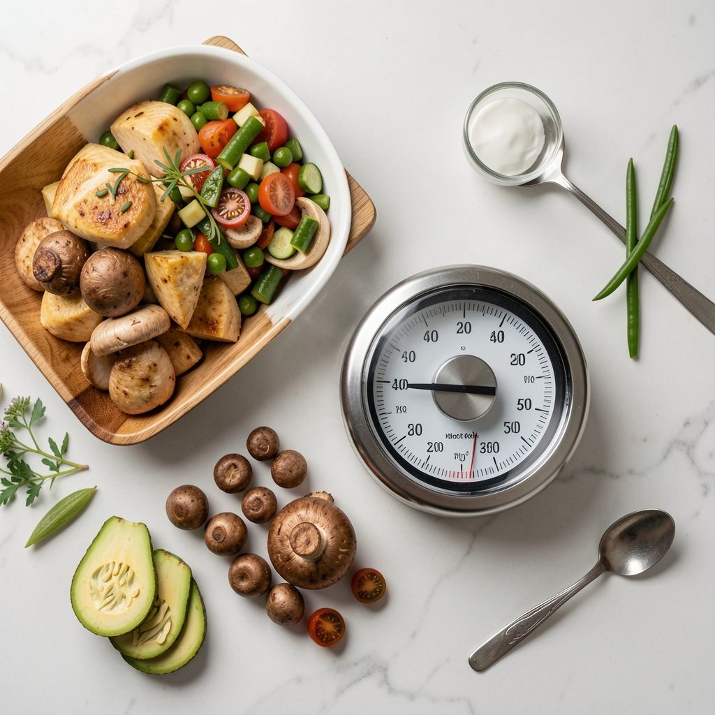 Kitchen timer next to meal ingredients arranged on a clean surface, flat lay editorial composition with natural light
