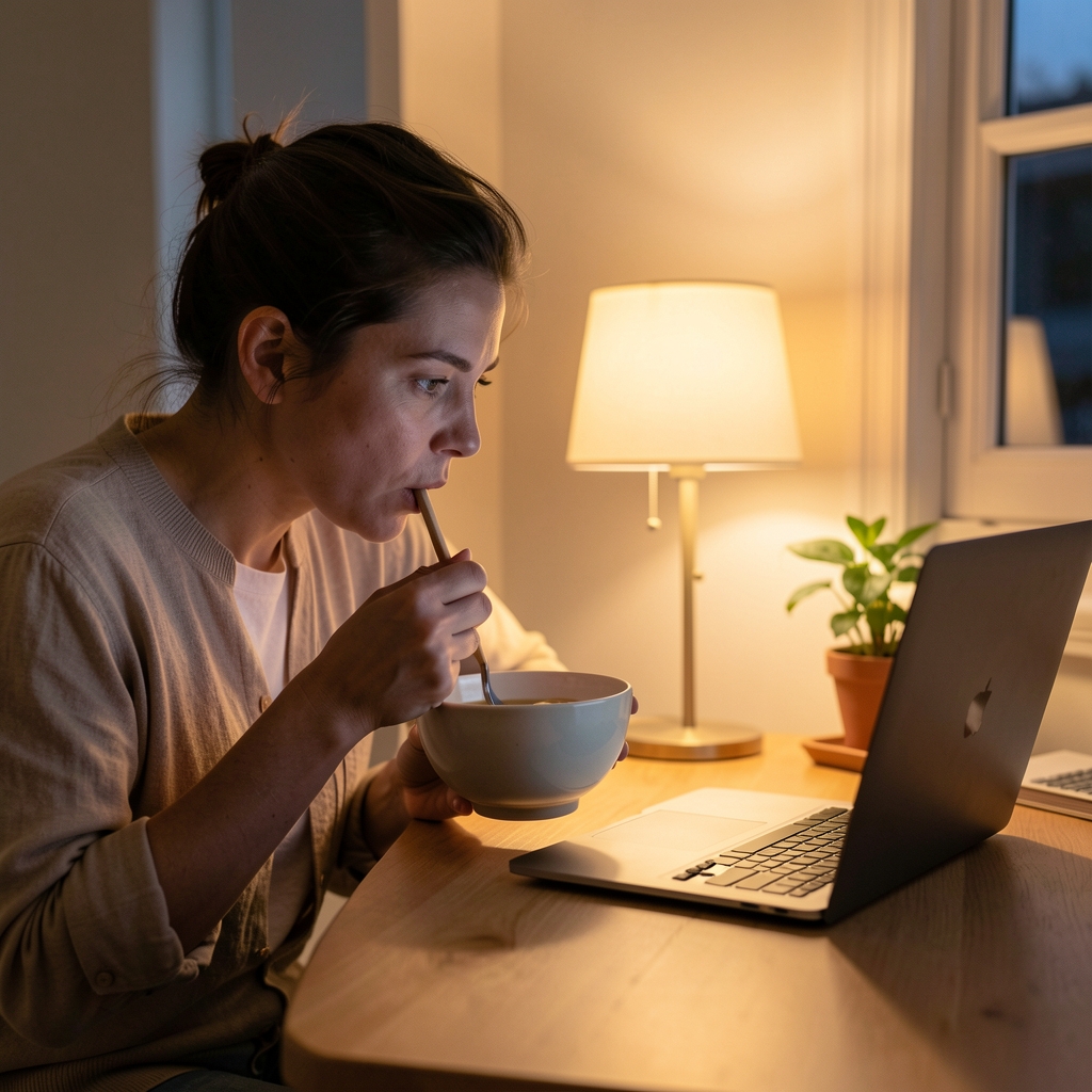 Person eating from a bowl while looking at a laptop screen in the evening, warm lamp light, editorial composition